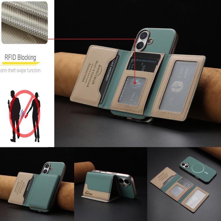 For iPhone 16 Plus Colour Matching Horizontal Magnetic Card Bag RFID MagSafe Phone Case