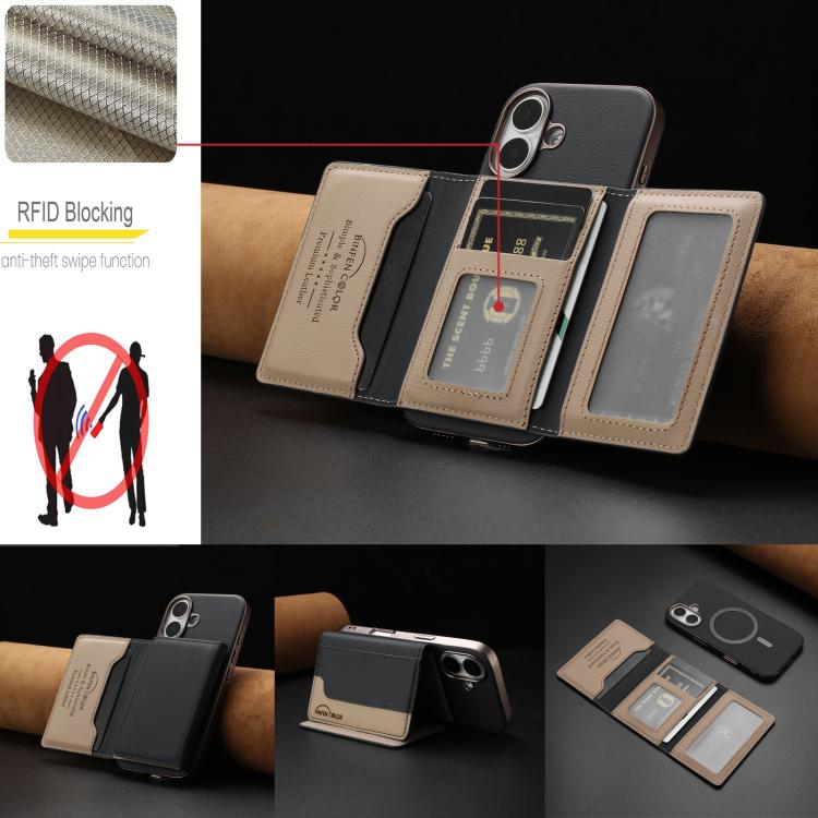 For iPhone 16 Plus Colour Matching Horizontal Magnetic Card Bag RFID MagSafe Phone Case