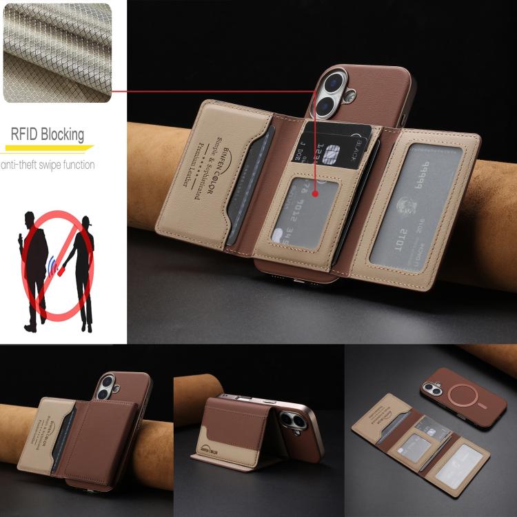 For iPhone 16 Colour Matching Horizontal Magnetic Card Bag RFID MagSafe Phone Case