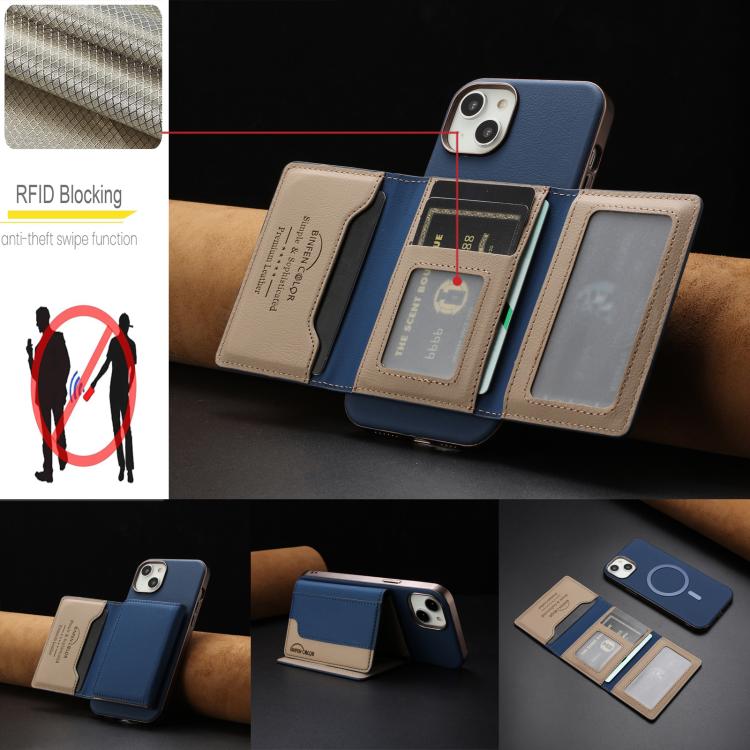 For iPhone 15 Plus Colour Matching Horizontal Magnetic Card Bag RFID MagSafe Phone Case