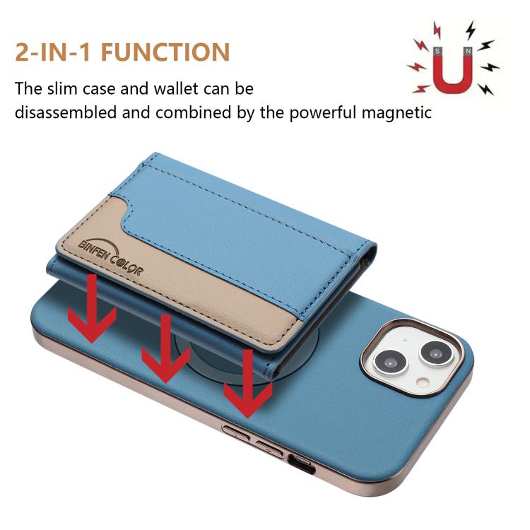 For iPhone 15 Plus Colour Matching Horizontal Magnetic Card Bag RFID MagSafe Phone Case