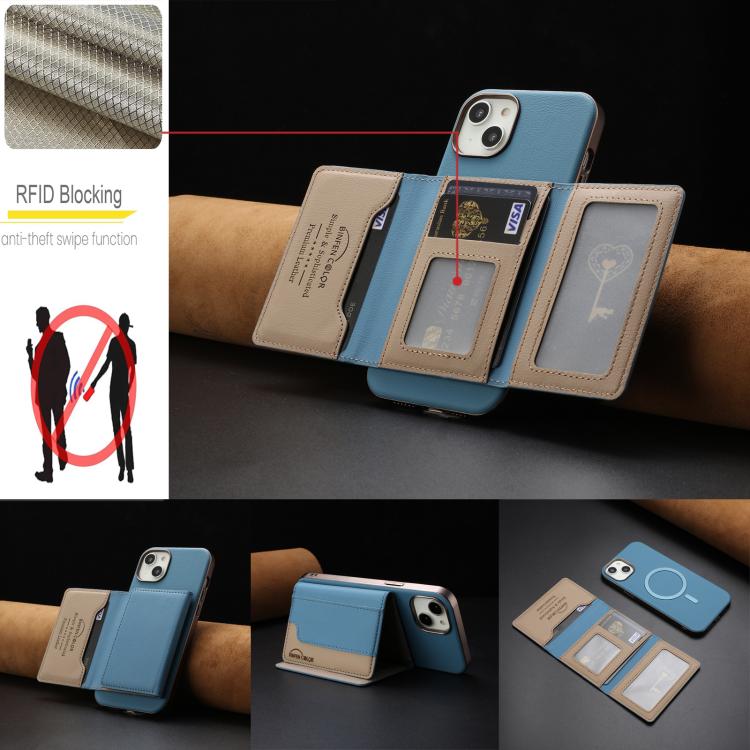 For iPhone 15 Plus Colour Matching Horizontal Magnetic Card Bag RFID MagSafe Phone Case