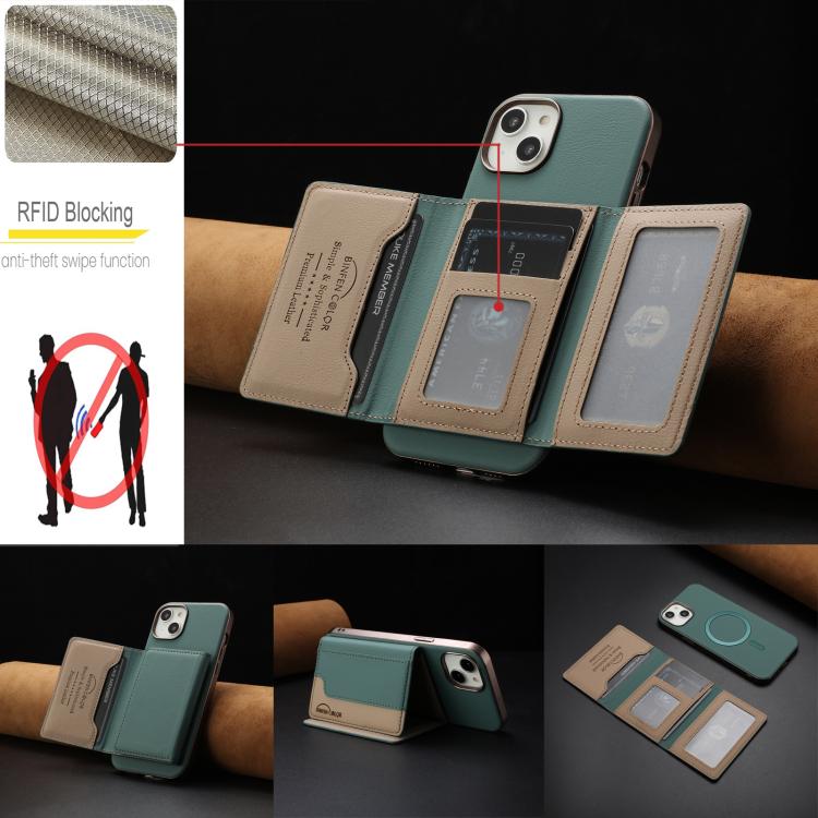 For iPhone 15 Colour Matching Horizontal Magnetic Card Bag RFID MagSafe Phone Case