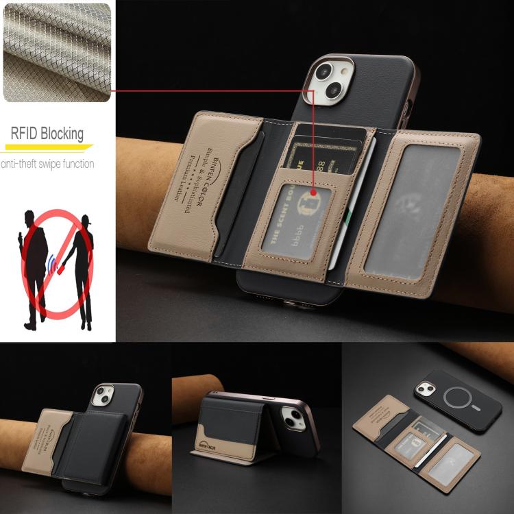 For iPhone 15 Colour Matching Horizontal Magnetic Card Bag RFID MagSafe Phone Case