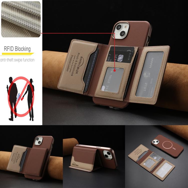 For iPhone 14 Plus Colour Matching Horizontal Magnetic Card Bag RFID MagSafe Phone Case