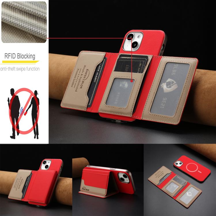For iPhone 14 Colour Matching Horizontal Magnetic Card Bag RFID MagSafe Phone Case