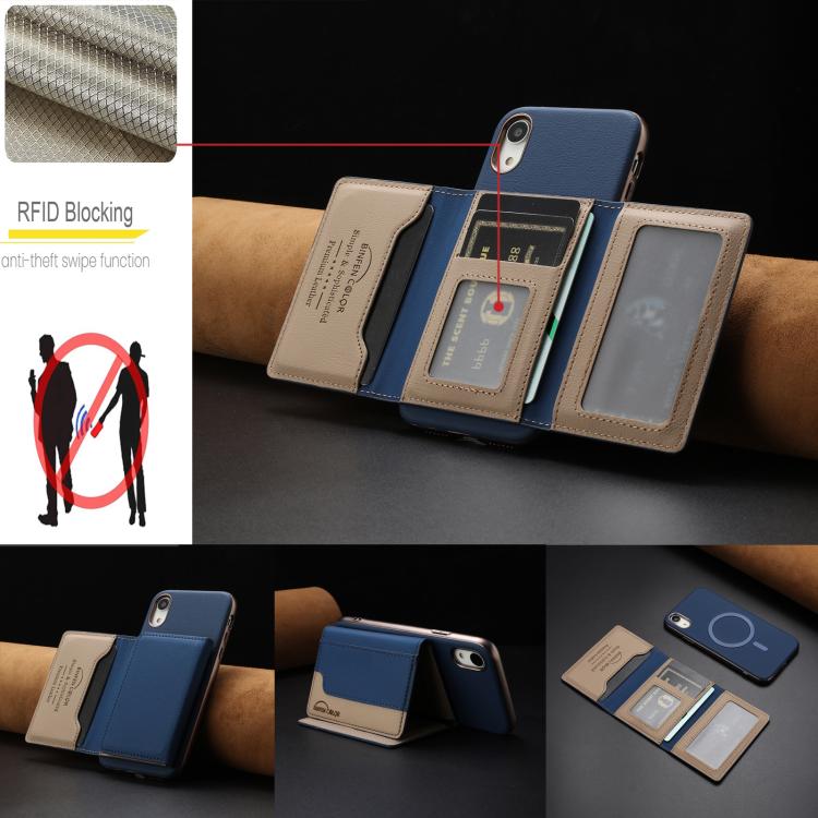 For iPhone XR Colour Matching Horizontal Magnetic Card Bag RFID MagSafe Phone Case