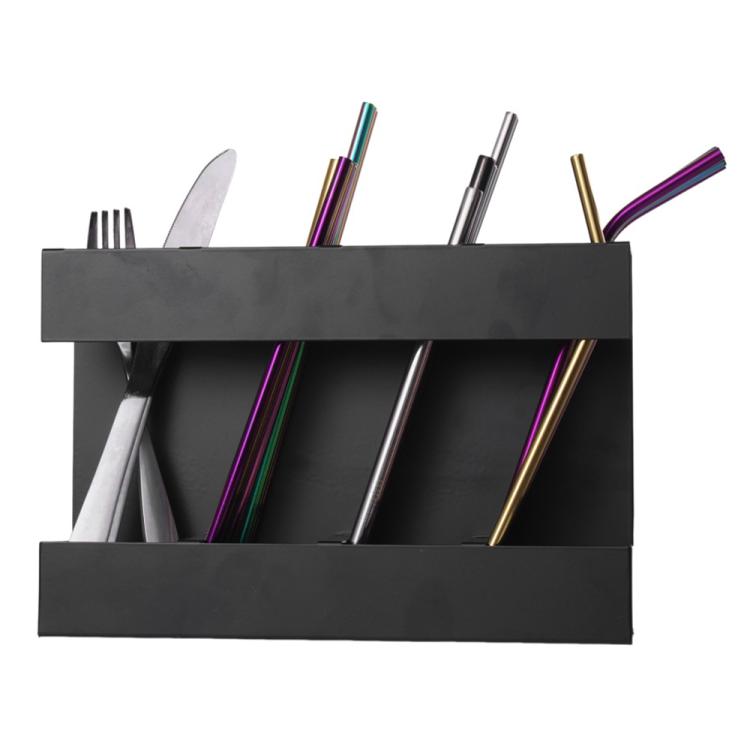 Four-grid Straw Cutlery Metal Storage Rack Kitchen Organizer without Soft Magnetic Sheet - Black