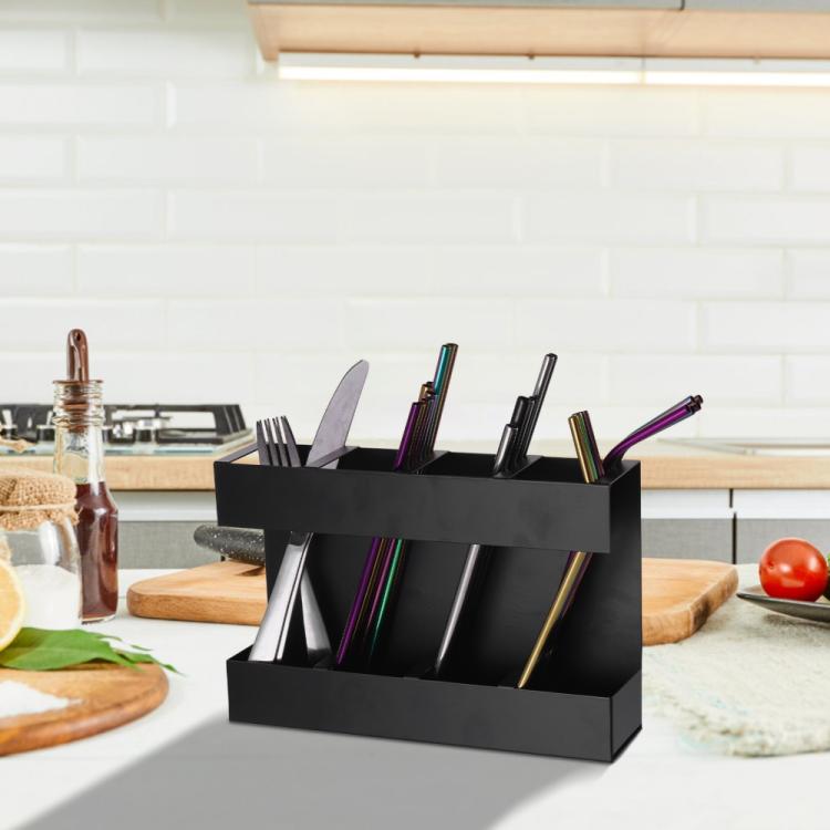 Four-grid Straw Cutlery Metal Storage Rack Kitchen Organizer without Soft Magnetic Sheet - Black