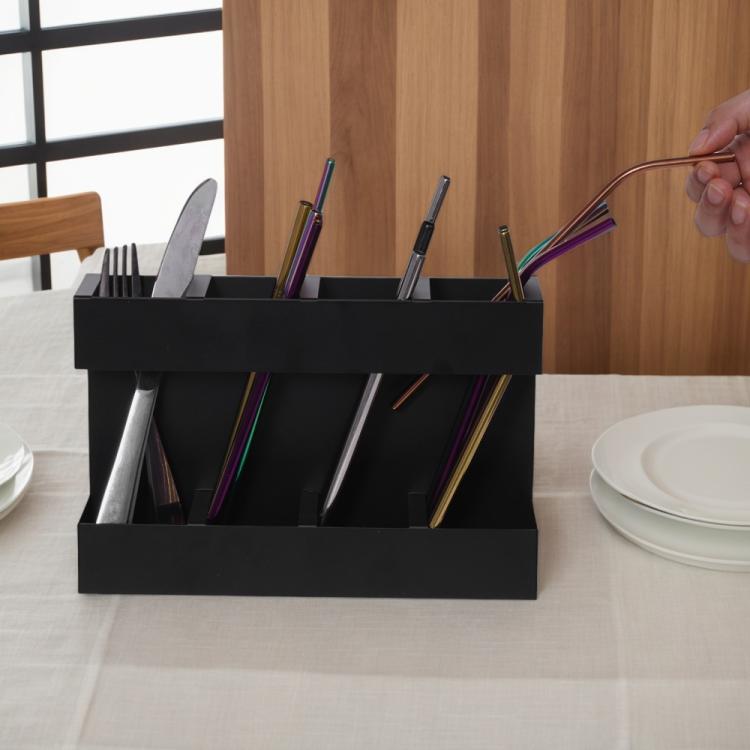 Four-grid Straw Cutlery Metal Storage Rack Kitchen Organizer with 12pcs Soft Magnetic Sheet - Black