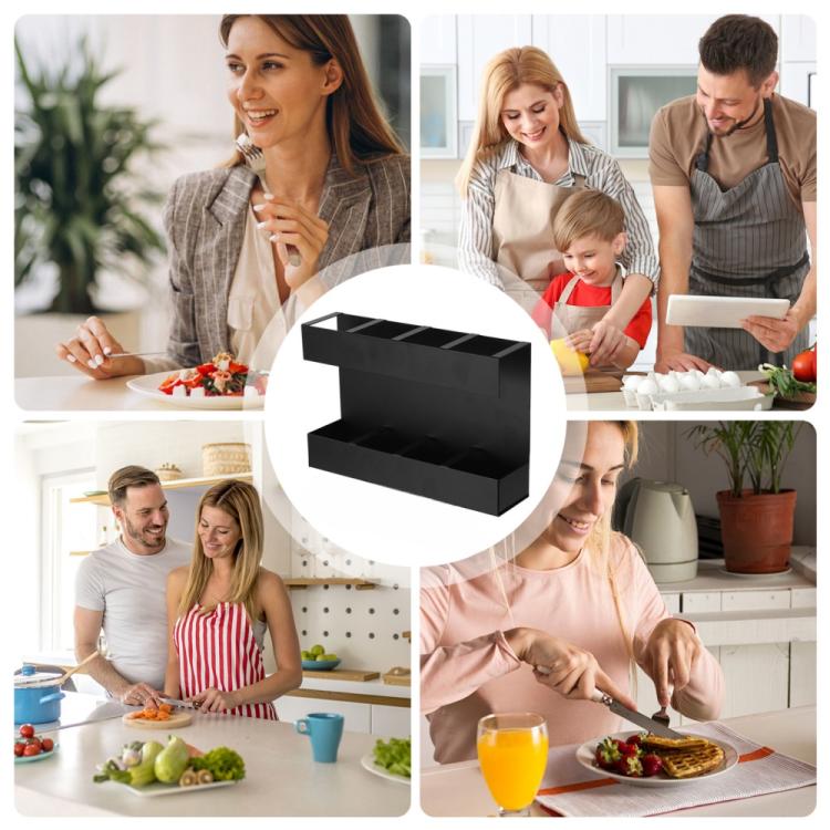 Four-grid Straw Cutlery Metal Storage Rack Kitchen Organizer with 12pcs Soft Magnetic Sheet - Black