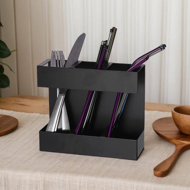 Three-grid Straw Cutlery Metal Storage Rack Kitchen Organizer without Soft Magnetic Sheet - Black
