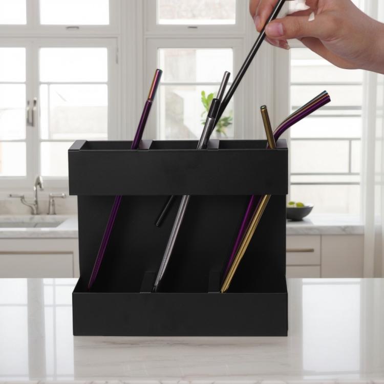 Three-grid Straw Cutlery Metal Storage Rack Kitchen Organizer without Soft Magnetic Sheet - Black