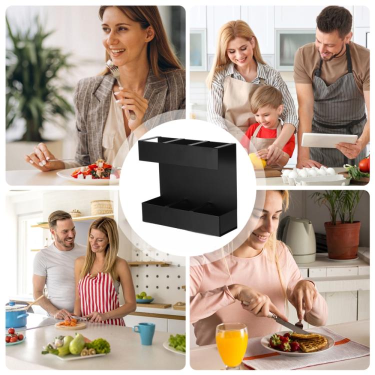 Three-grid Straw Cutlery Metal Storage Rack Kitchen Organizer without Soft Magnetic Sheet - Black