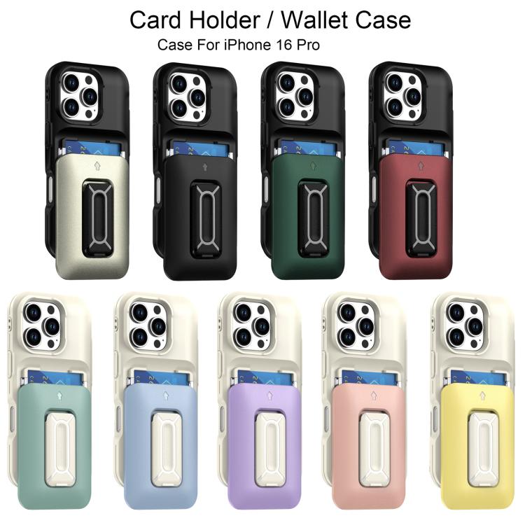 For iPhone 16 Pro Sliding Card Holder Integrated Phone Case with Kickstand