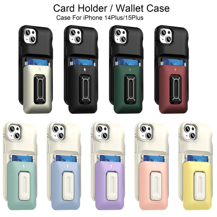 For iPhone 15 Plus / 14 Plus Sliding Card Holder Integrated Phone Case with Kickstand
