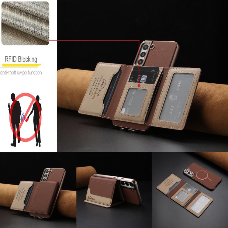 For Samsung Galaxy S22 5G Colour Matching Horizontal Magnetic Card Bag RFID MagSafe Phone Case