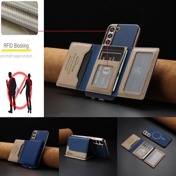 For Samsung Galaxy S22 5G Colour Matching Horizontal Magnetic Card Bag RFID MagSafe Phone Case