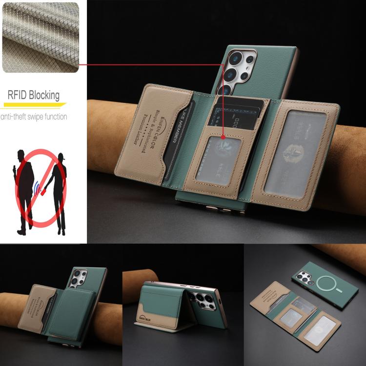 For Samsung Galaxy S21 Ultra 5G Colour Matching Horizontal Magnetic Card Bag RFID MagSafe Phone Case