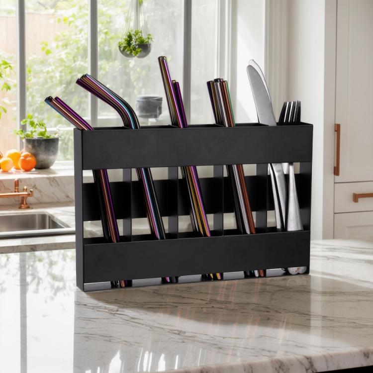 Five-grid Straw Cutlery Metal Storage Rack Kitchen Organizer with 12pcs Soft Magnetic Sheet - Black