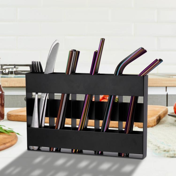 Five-grid Straw Cutlery Metal Storage Rack Kitchen Organizer without Soft Magnetic Sheet - Black