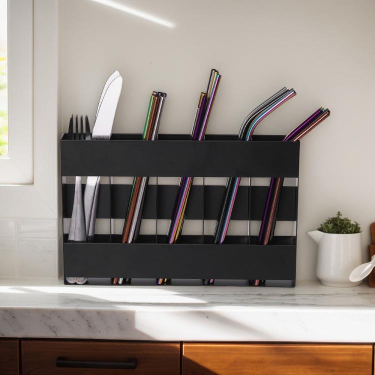 Five-grid Straw Cutlery Metal Storage Rack Kitchen Organizer with 12pcs Soft Magnetic Sheet - Black