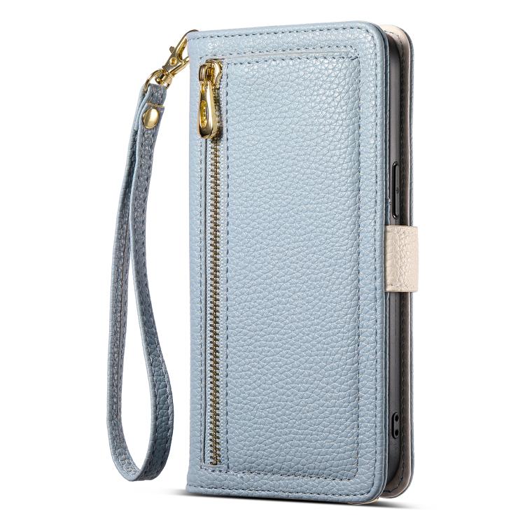 For iPhone 16 Plus ESEBLE E11 Colorful Litchi Pattern Zipper Wallet Leather Phone Case