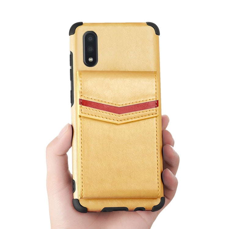 For Samsung Galaxy A01 Flip Card Bag Copper Buckle TPU + PU Leather Back Cover Shockproof Case with Card Slots & Photo Frame