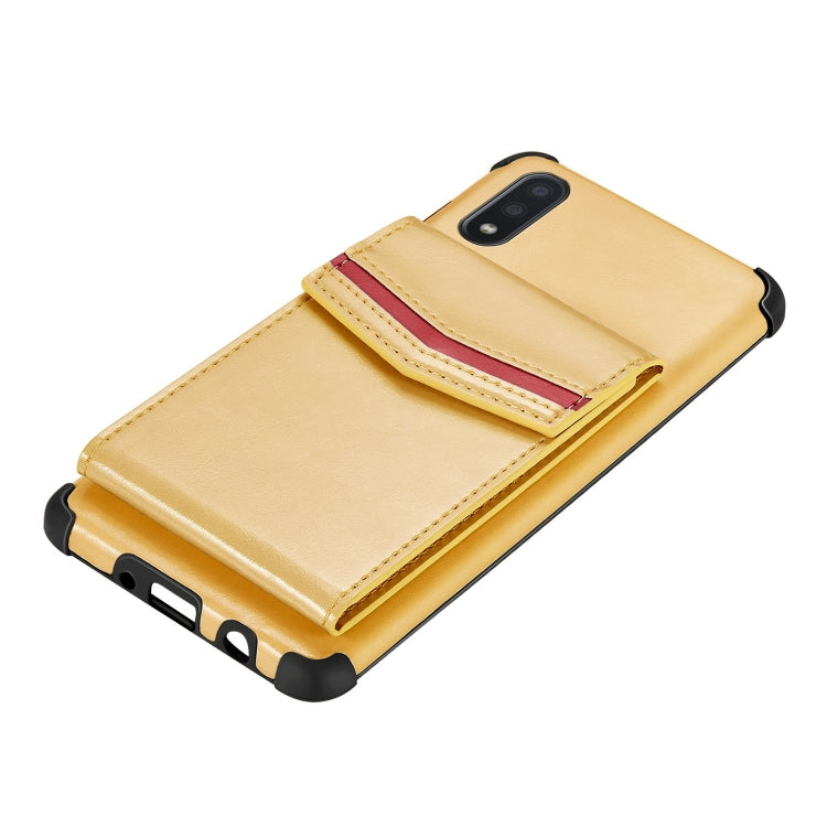 For Samsung Galaxy A01 Flip Card Bag Copper Buckle TPU + PU Leather Back Cover Shockproof Case with Card Slots & Photo Frame