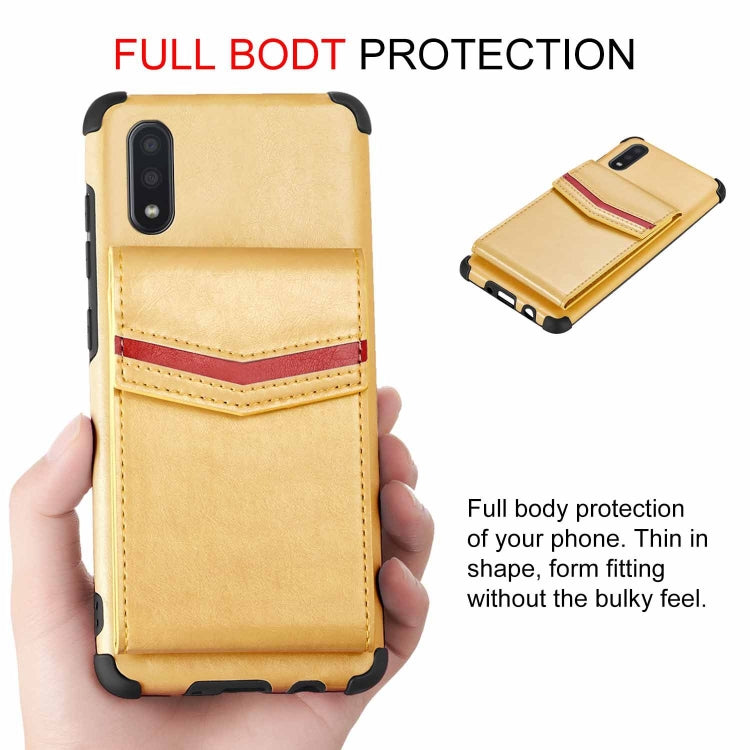 For Samsung Galaxy A01 Flip Card Bag Copper Buckle TPU + PU Leather Back Cover Shockproof Case with Card Slots & Photo Frame