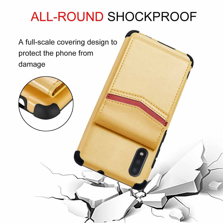 For Samsung Galaxy A01 Flip Card Bag Copper Buckle TPU + PU Leather Back Cover Shockproof Case with Card Slots & Photo Frame
