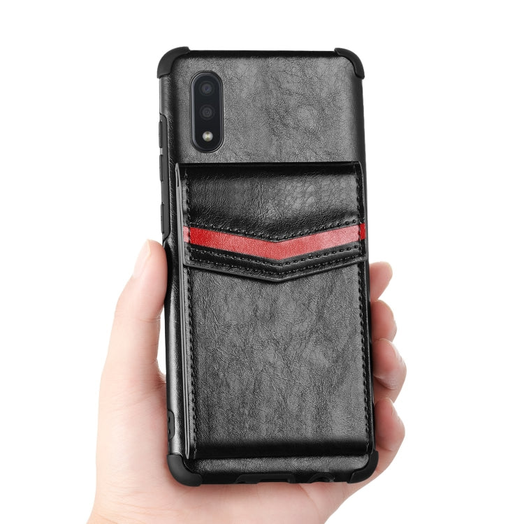 For Samsung Galaxy A01 Flip Card Bag Copper Buckle TPU + PU Leather Back Cover Shockproof Case with Card Slots & Photo Frame