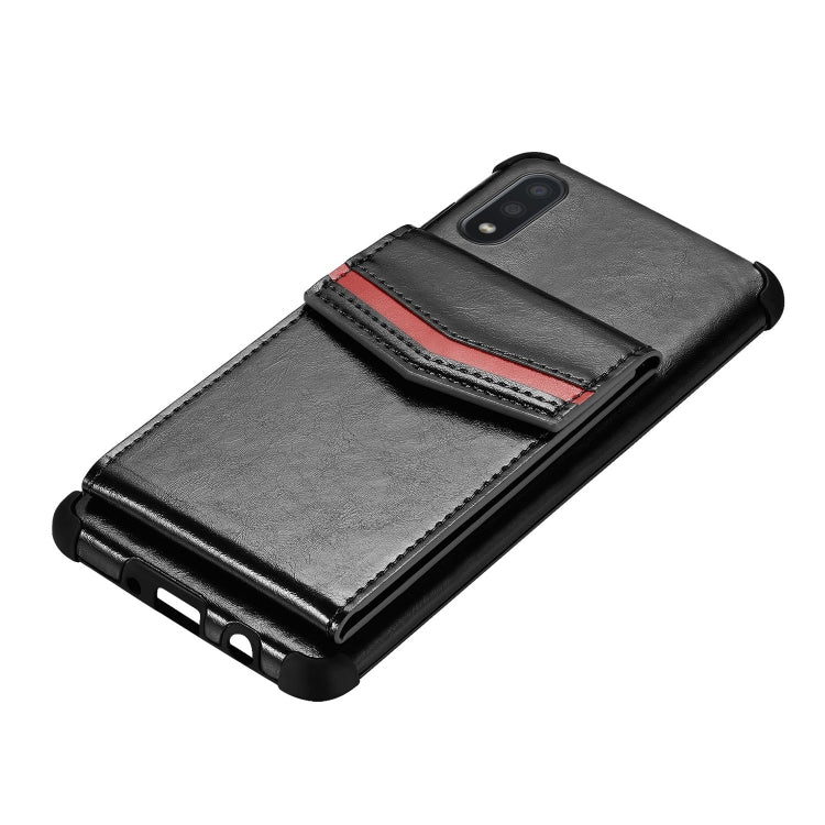 For Samsung Galaxy A01 Flip Card Bag Copper Buckle TPU + PU Leather Back Cover Shockproof Case with Card Slots & Photo Frame