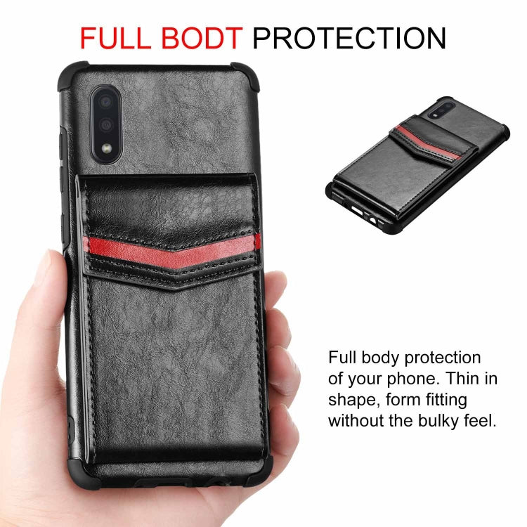 For Samsung Galaxy A01 Flip Card Bag Copper Buckle TPU + PU Leather Back Cover Shockproof Case with Card Slots & Photo Frame