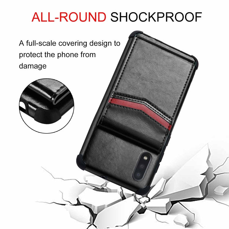 For Samsung Galaxy A01 Flip Card Bag Copper Buckle TPU + PU Leather Back Cover Shockproof Case with Card Slots & Photo Frame