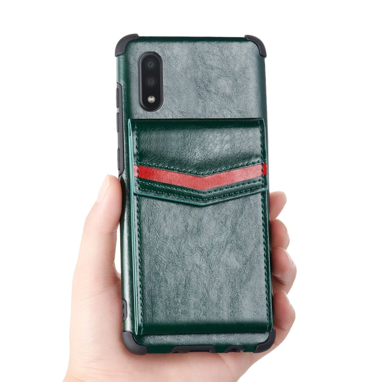 For Samsung Galaxy A01 Flip Card Bag Copper Buckle TPU + PU Leather Back Cover Shockproof Case with Card Slots & Photo Frame