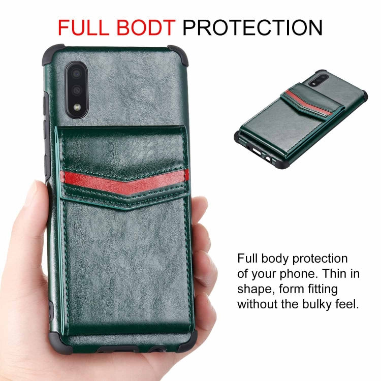 For Samsung Galaxy A01 Flip Card Bag Copper Buckle TPU + PU Leather Back Cover Shockproof Case with Card Slots & Photo Frame