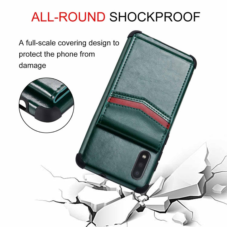 For Samsung Galaxy A01 Flip Card Bag Copper Buckle TPU + PU Leather Back Cover Shockproof Case with Card Slots & Photo Frame