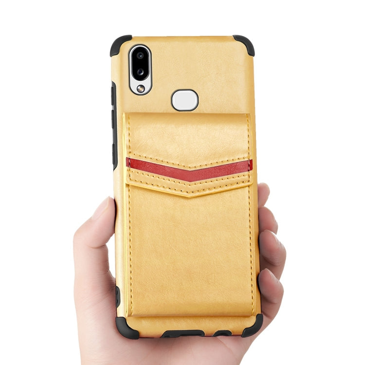 For Samsung Galaxy A10s Flip Card Bag Copper Buckle TPU + PU Leather Back Cover Shockproof Case with Card Slots & Photo Frame