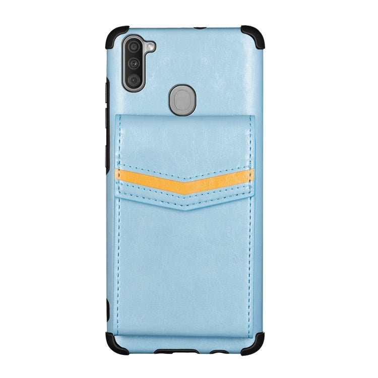 For Samsung Galaxy A11 Flip Card Bag Copper Buckle TPU + PU Leather Back Cover Shockproof Case with Card Slots & Photo Frame
