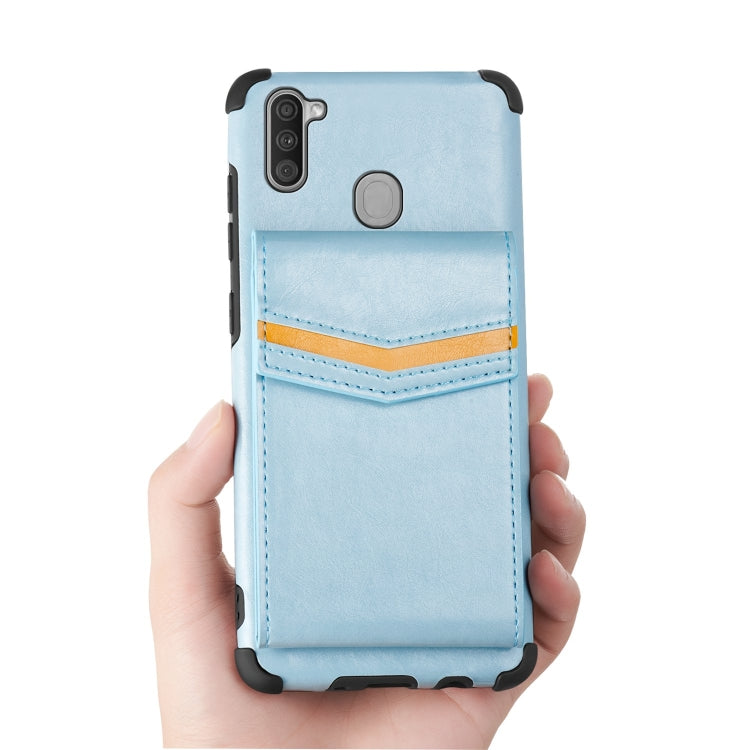 For Samsung Galaxy A11 Flip Card Bag Copper Buckle TPU + PU Leather Back Cover Shockproof Case with Card Slots & Photo Frame