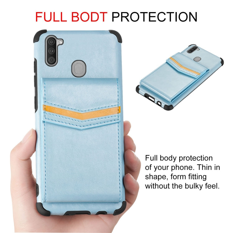 For Samsung Galaxy A11 Flip Card Bag Copper Buckle TPU + PU Leather Back Cover Shockproof Case with Card Slots & Photo Frame