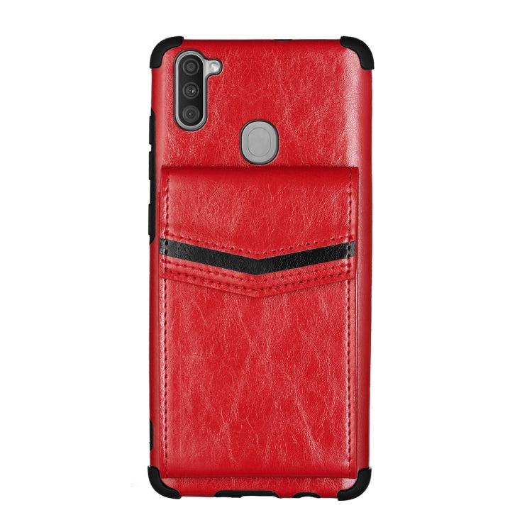 For Samsung Galaxy A11 Flip Card Bag Copper Buckle TPU + PU Leather Back Cover Shockproof Case with Card Slots & Photo Frame