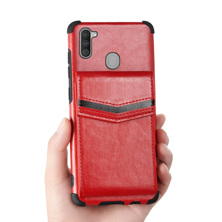 For Samsung Galaxy A11 Flip Card Bag Copper Buckle TPU + PU Leather Back Cover Shockproof Case with Card Slots & Photo Frame