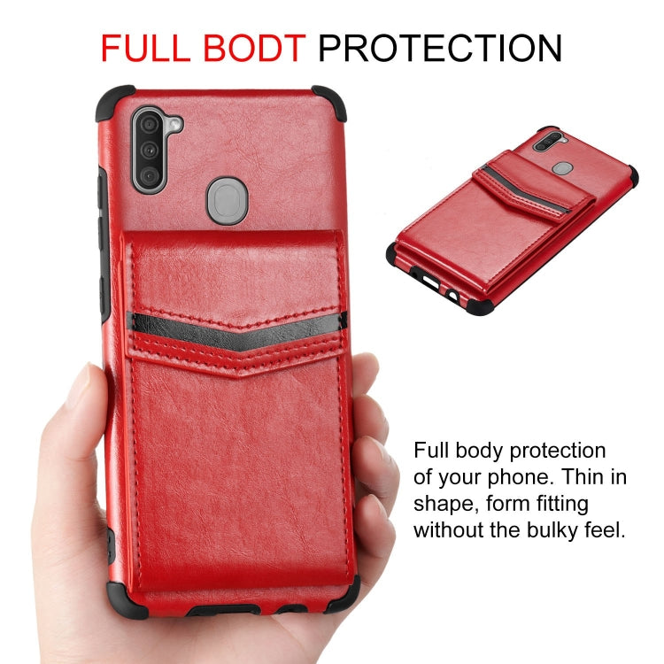 For Samsung Galaxy A11 Flip Card Bag Copper Buckle TPU + PU Leather Back Cover Shockproof Case with Card Slots & Photo Frame