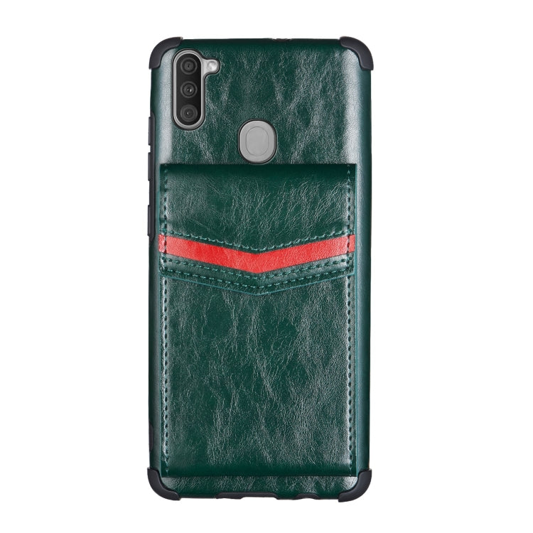 For Samsung Galaxy A11 Flip Card Bag Copper Buckle TPU + PU Leather Back Cover Shockproof Case with Card Slots & Photo Frame