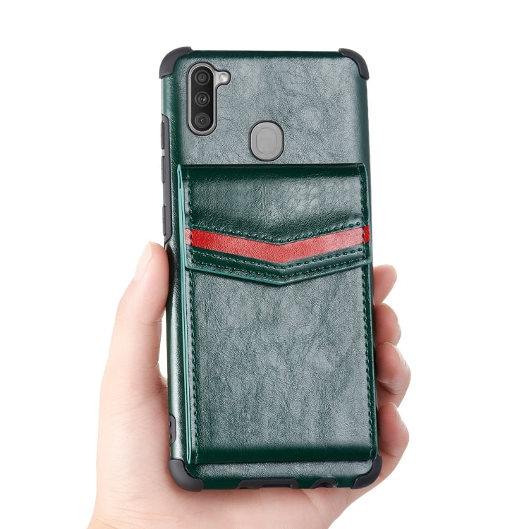 For Samsung Galaxy A11 Flip Card Bag Copper Buckle TPU + PU Leather Back Cover Shockproof Case with Card Slots & Photo Frame