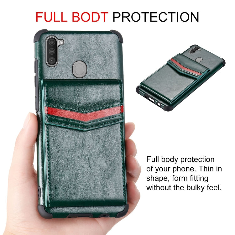 For Samsung Galaxy A11 Flip Card Bag Copper Buckle TPU + PU Leather Back Cover Shockproof Case with Card Slots & Photo Frame