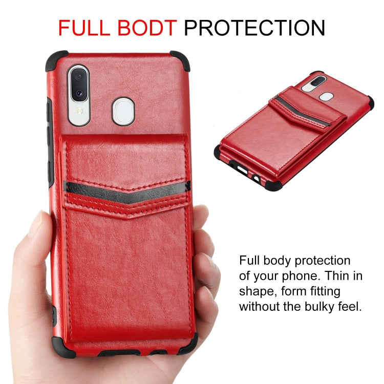 For Samsung Galaxy A20 / A30 Flip Card Bag Copper Buckle TPU + PU Leather Back Cover Shockproof Case with Card Slots & Photo Frame