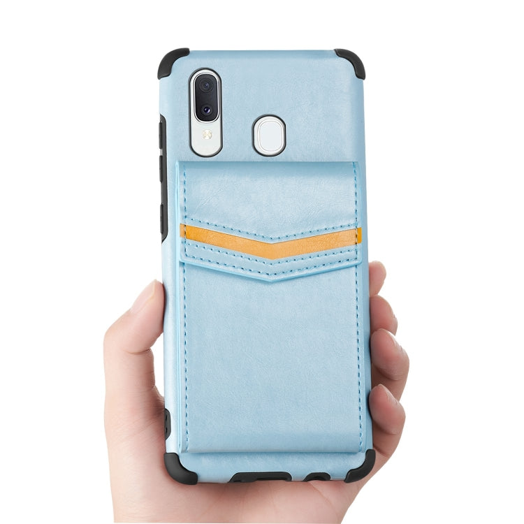 For Samsung Galaxy A20e Flip Card Bag Copper Buckle TPU + PU Leather Back Cover Shockproof Case with Card Slots & Photo Frame